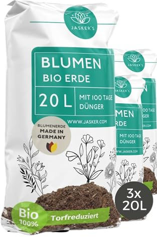 Bio Blumenerde 60 L (3x20L) mit Dünger - Erde für Pflanzen - Torfreduzierte Pflanzenerde aus 100% natürlichen Rohstoffen für kräftige Blumen - Universalerde für Pflanzen