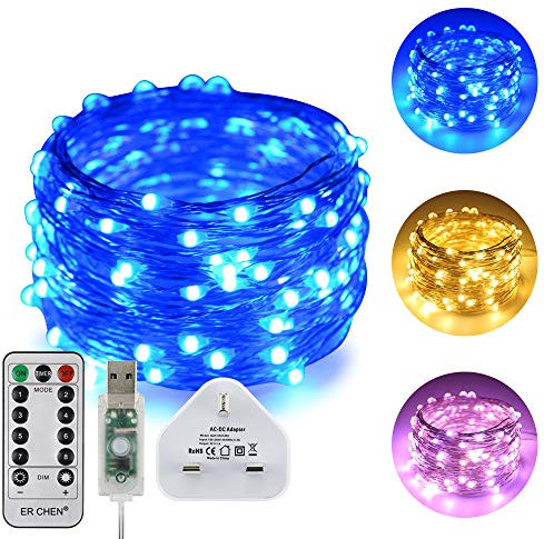 ErChen - Stringa USB a doppio colore, 100 LED che cambiano colore, dimmerabile, 8 modalità, filo di rame argentato, con timer remoto, per interni ed esterni, per Natale (bianco caldo, blu)