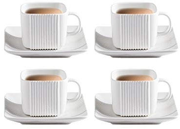 Square Tea Sets Blue Porcelain Ceramic Teapot Coffee Serving Pot Tea Set Wood Lid, 4oz 4 Cup Saucers for Flower Tea Coffee, Matte White Black (White Cup)