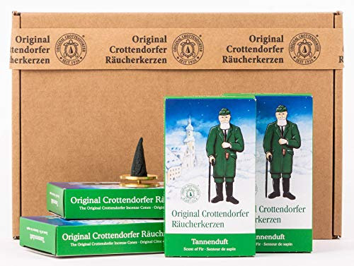 Crottendorfer Räucherkerzen - Tannenduft 4er Pack - in Geschenkverpackung mit Messingteller (4 x 24 Stück)