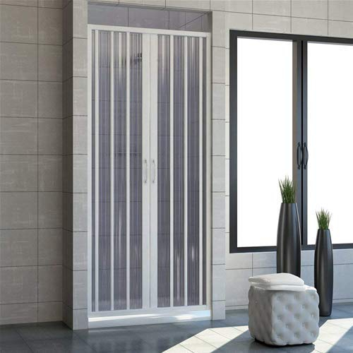 Cabina de ducha de 150 cm, modelo Giada, extensible de PVC, doble puerta con paneles semitransparentes, apertura central con fuelle, color blanco