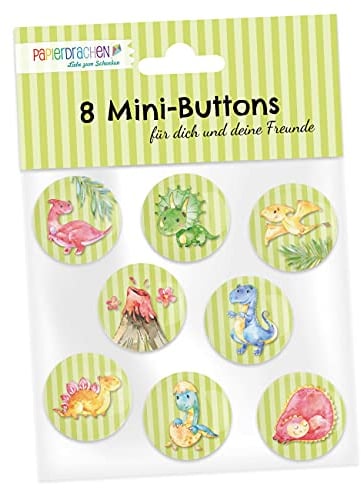 Papierdrachen 8 Mini Buttons (25mm) als Give Away für den Kindergeburtstag | Dekoration für Mäppchen oder Schulranzen | Geschenk zur Einschulung - Design Dino - Set 4