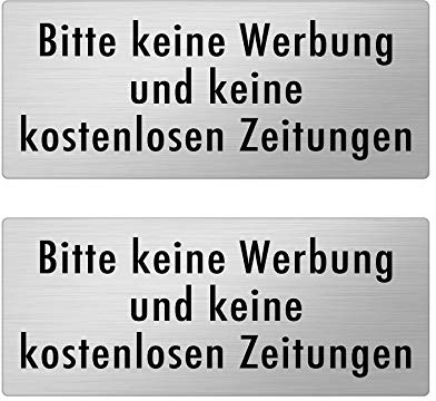 2 Stück Bitte keine Werbung, keine kostenlosen Zeitungen Schild - dauerhafte Lasergravur wetterfest - Edelstahl Optik gebürstet - Briefkastenschild selbstklebend inkl. 3M Aufkleber