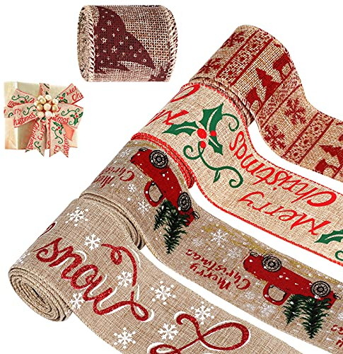 Christmas Ribbon 5 Rolls, Xmas Theme Polyester Satin Ribbon Winter Holiday, Wide Fabric Ribbons for Wedding,Christmas Decorations,Gift Wrapping,Hair Band Sewing DIY Crafts
