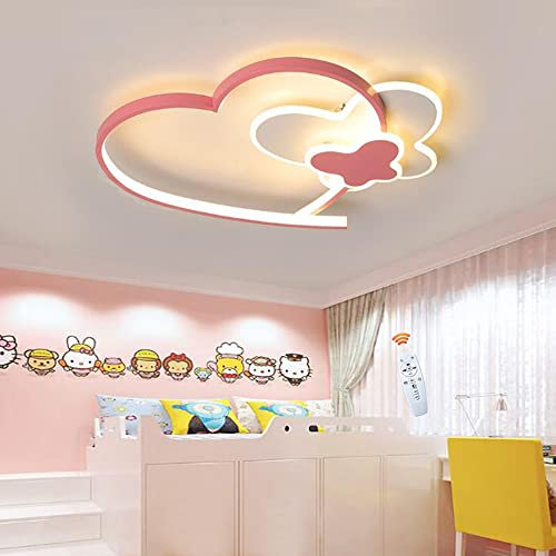 FUMIMID LED Deckenleuchte Cartoon Herzform Deckenleuchte Kinderzimmerlampe Deckenlampe Design Schmetterling Dimmbare Fernbedienung Lampenschirm Acryl Wohnzimmer Schlafzimmer Kronleuchter,Rosa,50cm