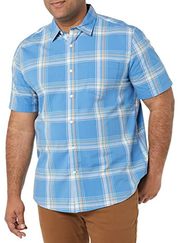 Amazon Essentials Men's Short-Sleeve Stretch Poplin Shirt (Available in Big & Tall), Blue Peach Plaid, XXL Plus Tall