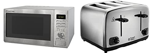 Russell Hobbs RHM2563 25L Digital 900w Solo Microwave Stainless Steel & 24090 Adventure Four Slice, Brushed Polished Stainless Steel Toaster