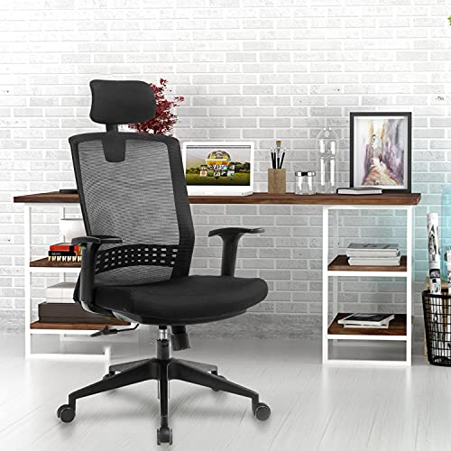 KCREAM Ergonomisch Schreibtischstuhl Mesh Bürostuhl mit Verstellbarer Kopfstütze und Armlehnen Rückenschonend Drehstuhl Höhenverstellbar und Wippfunktion Computerstuhl (Black-8869)