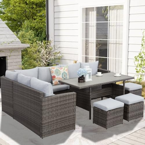 GLP Polyrattan Gartenmöbel Set für bis zu 9 Personen - Outdoor Lounge Essgruppe mit WPC Esstisch, Ecksofa, Hocker, Sessel und Dicke Kissen, Wetterfest (Grau & Hellgrau)