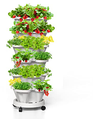 Tectsia Vertikale Erdbeer-Pflanzgefäße, 6-stöckig, stapelbarer Turm, Garten, stapelbare Kräuter-Gemüse-Pflanzgefäße mit beweglichen Rollen und unterer Untertasse, für drinnen und draußen, Weiß