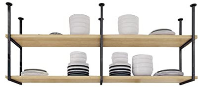 DMCHENGMA Ceiling Shelf Nordic Iron Solid Wood 2 Tier Ceiling Mounted Storage Rack Stand, Bar Ceiling Hanging Floating Decorative Display Racks Shelves Pot Racks (Size : 150x30x80cm)