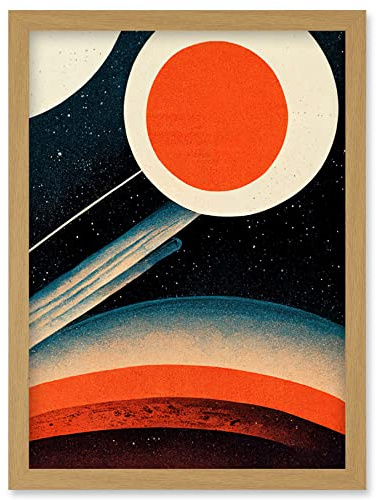Wee Blue Coo Retro Boho Space Starscape Abstract Mid Century Style Navy Teal Orange Cream Artwork Framed Wall Art Print A4