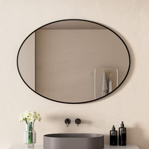WDWRITTI Oval 50x70 cm Badspiegel mit Schwarz metallrahmen Oval Badezimmerspiegel Wandmontage Wandspiegel Badspiegel Spiegel Horizontale und vertikale Installation