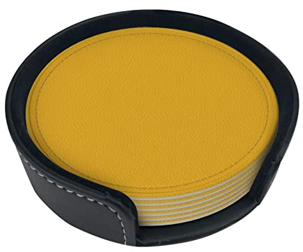 Mustard Yellow Drink Coasters Set Of 6, Leather Coaster With Holder, Suitable For Kinds Of Cups, Wooden Table, Home Decor, 3.9 Inches