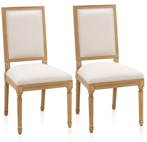 Furniliving French Country Esszimmerstühle 2er Set, gepolsterte Esszimmerstühle mit Rückenlehne, Bauernhaus, Küchenstühle für Wohnzimmer, Küche, Restaurant (Beige-Quadrat)