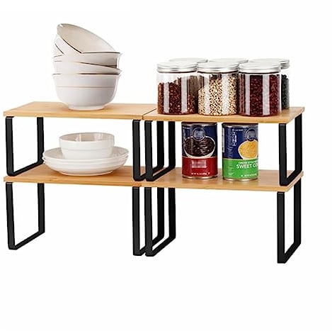4-Pack Bamboo Cupboard Shelf Organiser - Expandable & Stackable Storage Rack for Cabinets, Kitchen, Bathroom,Lounge-Black