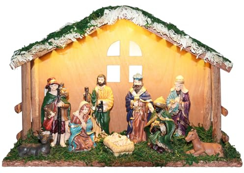 PALZIK Lighted Christmas Nativity Set, Nativity Sets for Indoor with Wooden Stable, Nativity Scene Set & Figures for Christmas Decorations Indoor Tabletop Decorations