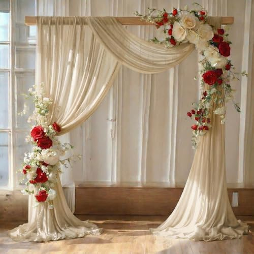 MDS® Pack of 1 Wedding Arch Drape Panel (30 Width x 50ft Long) Sheer Chiffon Arbor Canopy Drapery Fabric for Wedding Ceremony Reception Decoration Party Ceiling Backdrop Curtains - Champagne Gold