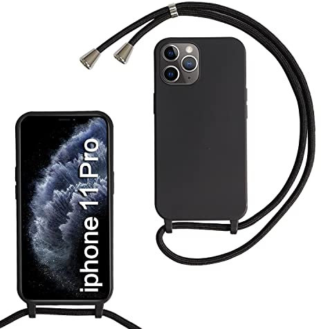 Beajew Silikon Handyhülle für iPhone 11 Pro Hülle mit Band, Silikon Necklace Handyhülle mit Abnehmbar Kordel zum Umhängen Stossfest Bumper Handy Schutzhülle, Schwarz