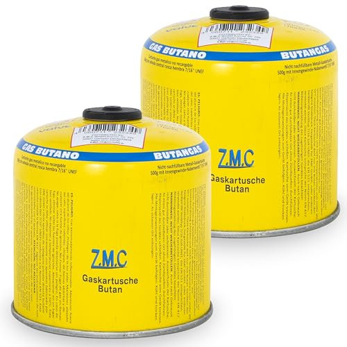 Z.M.C 2X Gaskartuschen 500g / 990ml mit Propan/Butan Gas, Gaskartusche EN417, Schraubgewinde Anschluss, Schraubkartusche mit Sicherheits-Schraubgewinde Universal Druckgasdose mit Schraubventil