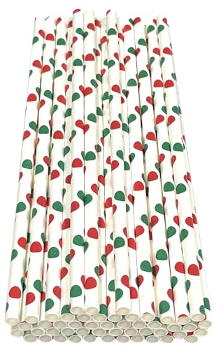 Haobase Lot de 50 pailles en papier biodégradables pour boire des cocktails, du café, des boissons froides (tricolore) (blanc/rouge à pois verts)