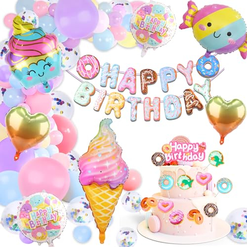 Balloons 95Pcs Süßigkeiten Geburtstagsdeko Mädchen, Süßigkeiten Eiscreme Geburtstagsdeko Luftballons Kindergeburtstag Deko, Bunte Luftballons Geburtstag Deko Krapfen Kuchen Topper Happy Birthday Deko