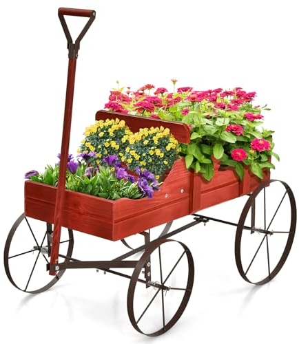 HOMASIS Carriola da Giardino in Legno, Carretto per Piante con Ruote Metalliche e 2 Scomparti, Vaso a Forma di Monociclo Decorativo per Giardino, Terrazza, Patio, 63x35x62,5cm (Rosso)