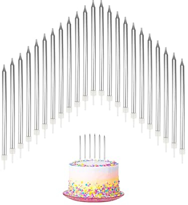 24 PCS Birthday Candles for Cakes, Cake Sparklers with Holders, 13.5CM Long Cake Candles, for Baby Birthday Wedding Party Decoration, Birthday Cake Candles (Silver)