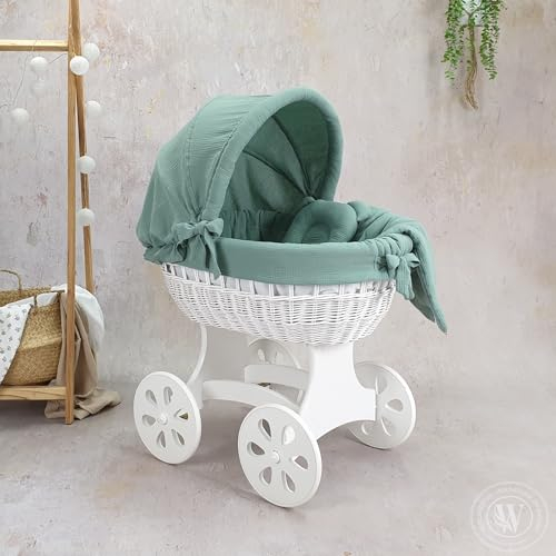Wiklinopol Stubenwagen, Moseskorb Baby mit Gestell Annabell – Bollerwagen mit Rollen aus Naturweide – inkl. Matratze & 5-TLG. Khaki Musselin-Bettwäsche – Korb: Weiß