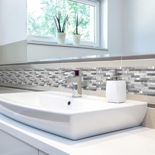 neukids Peel and Stick Gray Mosaics Wall Border, DIY Skirting Border, Wall Borders Living Room Bedroom Bathroom Kitchen Decoration Wallpaper Border