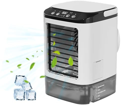 Climatiseur Mobile, Climatiseur Portable, Refroidisseur d'Air par Evaporation 4-en-1, 3 Vitesses, 2 Modes de Brume, 7 Lumières LED, pour Chambre à Coucher, Bureau