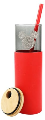 Bioworld Disney Mickey Mouse Bouteille d'eau en verre avec paille et couvercle en silicone Noir 700 ml