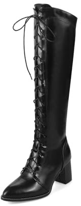 smlekwc Mujer Cordones Botas Largas con Cremallera Lateral Punta Puntiaguda Botas De Caballero De Cuero Tacón De Bloque Botas Altas hasta La Rodilla,Negro,39 EU