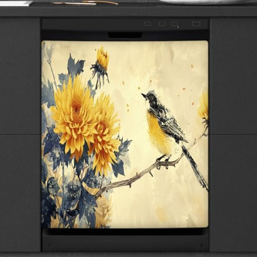 Copertura magnetica per lavastoviglie vintage giallo uccello fiore magnetico per lavastoviglie pannello decalcomania riutilizzabile frigorifero magnete copertura decalcomania frigorifero adesivi