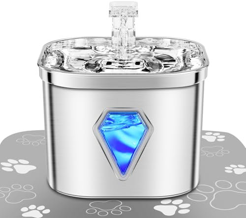 Distributeur d'eau Chat Acier INOX Antibactérien,Alimentation USB,Ultra-Silencieux Fontaine,Double Filtre Charbon Actif 5 Couches,Lumière LED Fontaine (Only Fontaine à Eau pour Chat, Sliver)