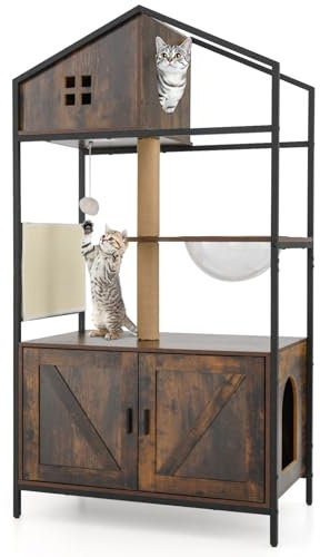 COSTWAY Kratzbaum mit Katzenklo Schrank, Katzenschrank für Katzentoilette, Katzenbaum mit Katzenhaus & Jutepfosten & Raumkapsel & Kratzmatte, All-in-One Katzenmöbel, 80 x 48 x 150 cm, Braun