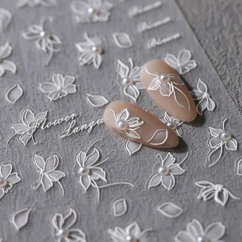JMEOWIO 3D Embossed White Flower Nail Art Stickers Decals Self-Adhesive 5D Nail Supplies Nail Art Design Decoration Accessories 1 Sheets