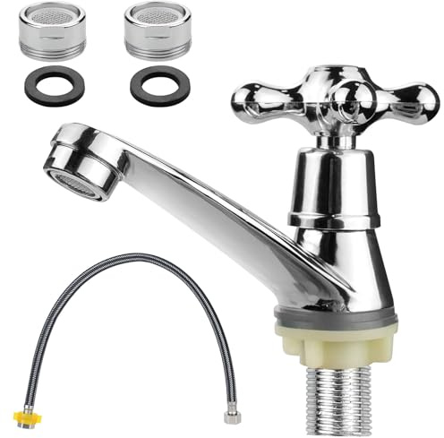 Wasserhahn Bad Single Kaltwasserhahn - Waschtischarmatur mit Dichtung, 60 cm Sieb und Schlauch, Überzug Wasserhahn Bad Kaltwasser mit Filter und Doppelkopfrohr Armatur Für Waschbecken Badezimmer