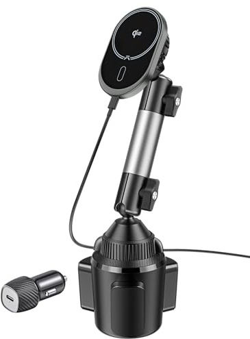 A2C for Magsafe Car Mount Charger, QI2 15W Wireless Fast Charging Cup Holder Phone Charger - Dual Cooling System, Aluminum Alloy Tri-Pivot Arm, 18 N54 Strong Magnets for iPhone 17/16/15/14/13/12 Only