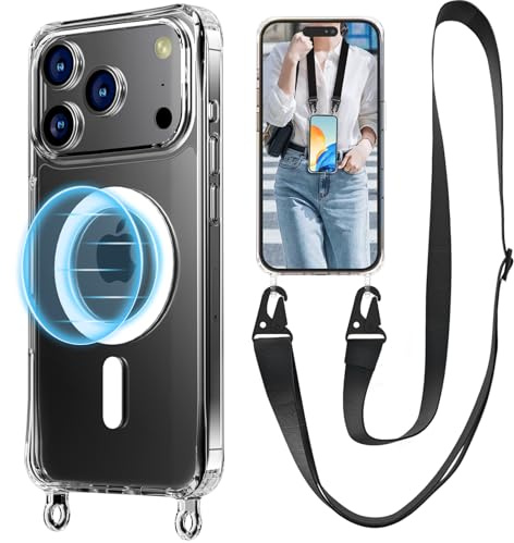 UnnFiko Handyband für iPhone 18 Pro/17 Pro Hülle mit Band,Transparent Handyhülle Magnetische zum Umhängen Schutzhülle mit Kette Kordel Weich Silikon Case,Schwarz