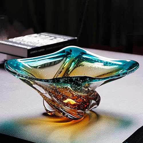 Luxury Modern Gradient Glass Square Fruit Bowl, Contemporary Teal to Amber Crystal Serving Dish for Living Room, Creative Home Décor Snack Plate