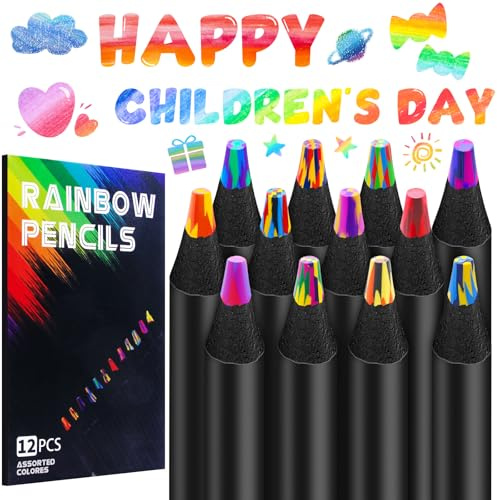 EOPUOZS 12 Stück Regenbogenstift, Buntstifte für Kinder, Mitgebsel Kindergeburtstag, Adventskalender Füllung, Mehrfarbiger Buntstifte für Zeichnen, Schule, Färben