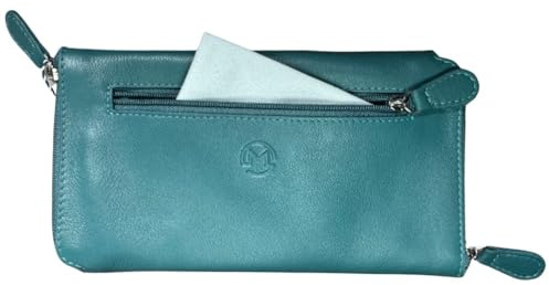 Mala Leather Double Zipped Glasses Case Holds 2 Pairs of Glasses – Genuine Soft Leather with Cleaning Cloth & Front Zip Pocket – 19 × 10 × 2 cm – Vision Care (Teal)