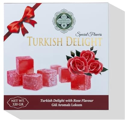 Meşhur Safranbolu Lokumcusu Turkish Delight Granatapfel mit Pistazienaroma: Gourmet-Snack-Liebhaber, türkische Delight-Süßigkeiten-Geschenkbox (320 g, Rosenaroma)