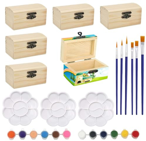 OUTALIZ Mini Schatztruhe Holzbastelsets, Holzkiste Klein, 6 Stück Mini Schatztruhe, 9 x 5,5 x 5 cm Rechteckige Holzkiste, mit Farben, Pinsel, für Bastelarbeiten, Geburtstagsfeiern