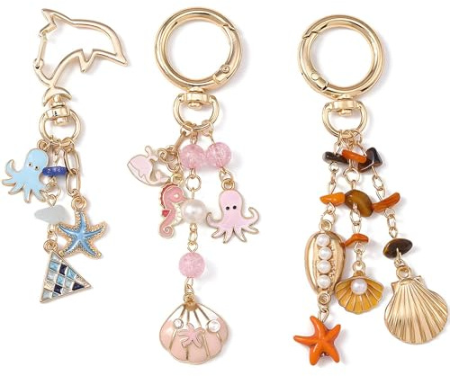 3 Stück Schlüsselanhänger Damen mit süßem Ozean Design,niedlicher Handtaschen Schlüsselanhänger mit Muschelverzierung,Seestern, Oktopus,taschenanhänger,ästhetischer Taschenanhänger,Mädchen und Frauen