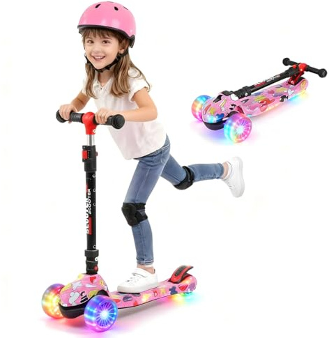 Tretroller für Kinder von 3-12 Jahren, 3-rädriger Klapproller mit höhenverstellbarem Lenker, extrabreiter Standfläche für Outdoor-Aktivitäten(Rosa)