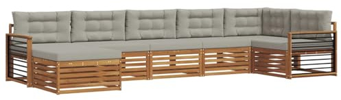 vidaXL Sofagarnituren 7 pcs Natürlich und Hellgrau Massivholz Akazie, Gartenlounge, langlebiges Ecksofa, Sitzmöbel für außen, Terrasse, Moderne Möbel, Bequeme Gartenmöbel