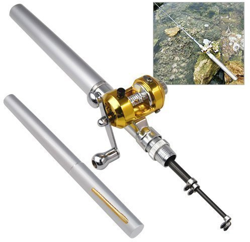 Accessotech Mini Silver Pocket Fishing Rod Pole & Golden Reel Pen Shape 93cm Travel Small
