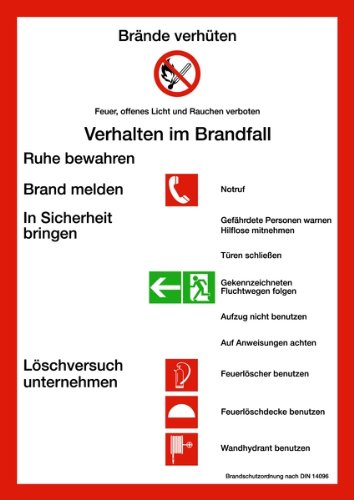 LEMAX® Aushang, Brandschutzordnung Teil A gem. DIN 14096 - Gebäude ohne Brandmeldeanlage Kunststoff weiß/schwarz/Randfarbe: rot 210x297mm